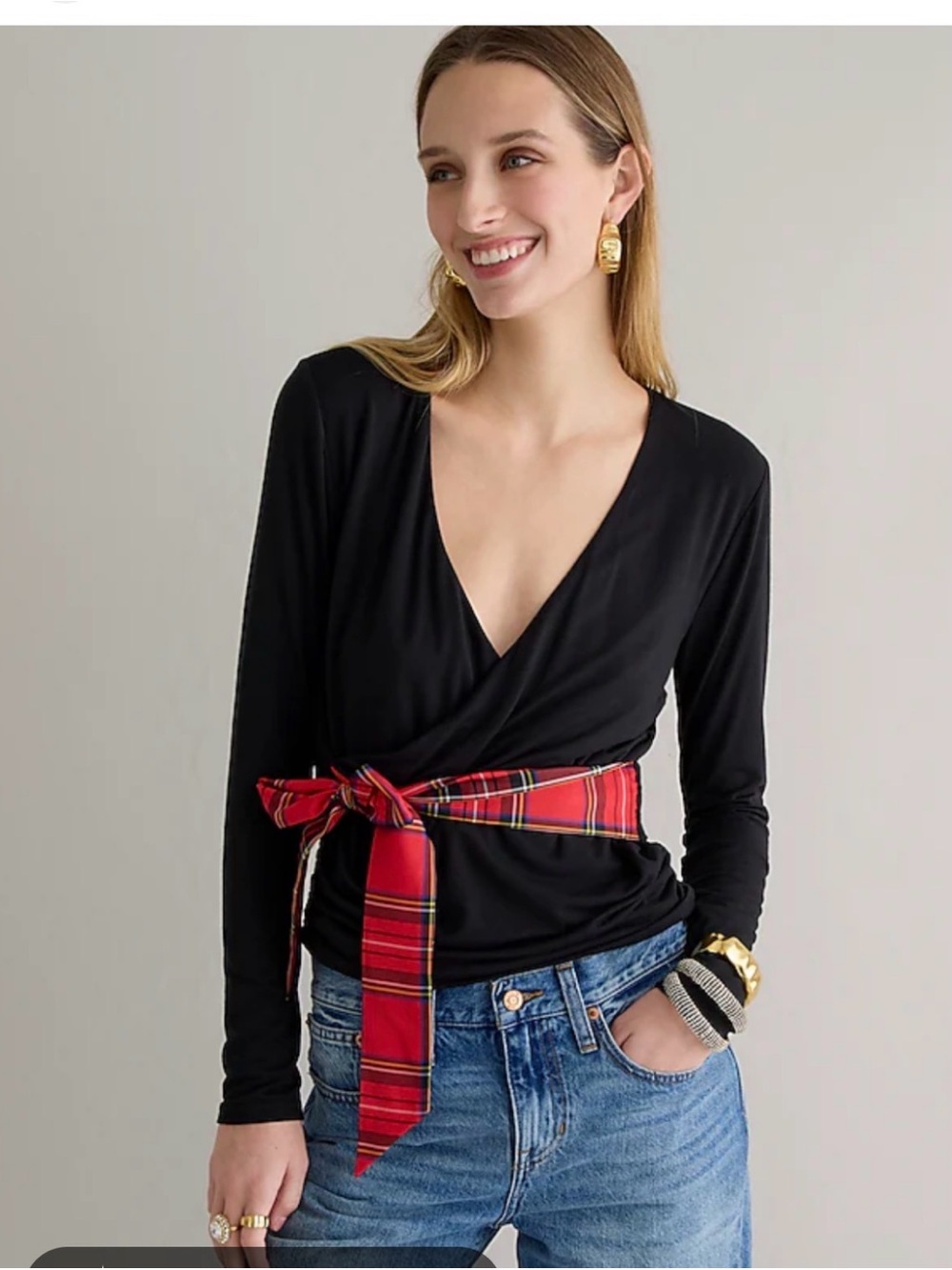 J. Crew Black Wrap Top with Red Plaid Waist Tie